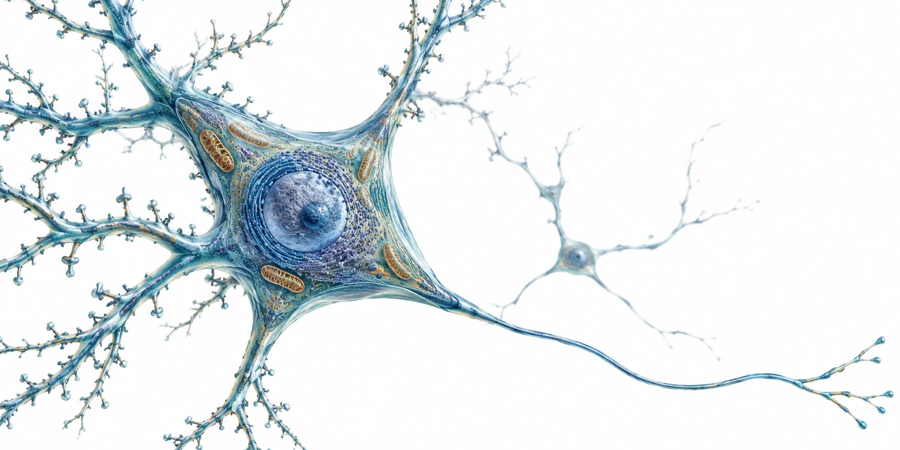 An anatomical illustration of a blue-green neuron with branching dendrites, a fine axon and bronze-colored mitochondria.